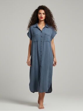 RD Style Cotton Gauze Midi Shirt Dress - Chambray Blue - Size XS